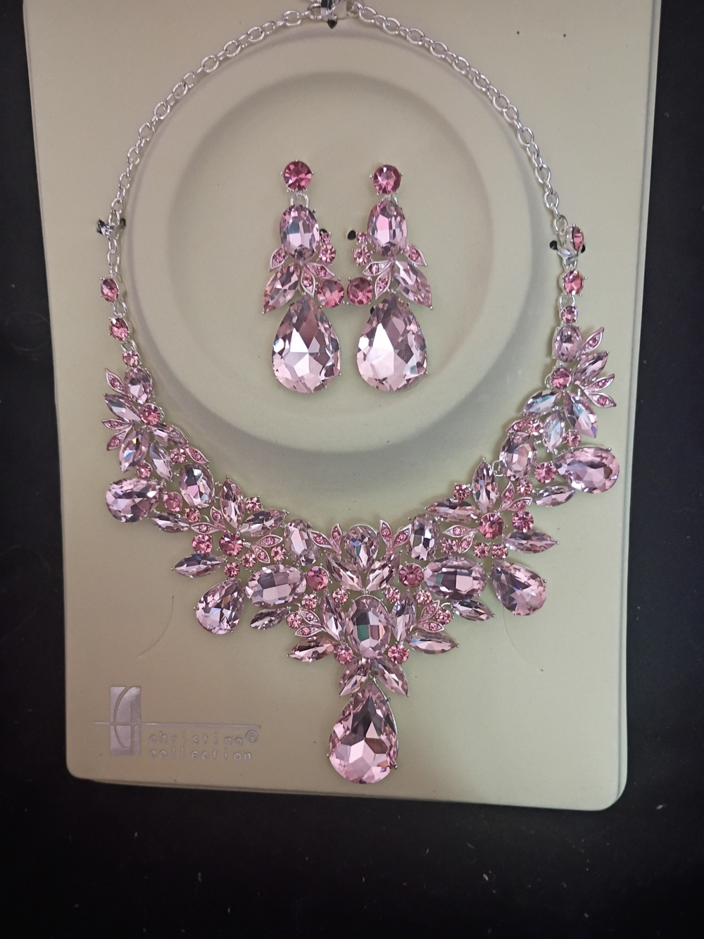 Delicate Pink Crystal Floral Statement Necklace & Drop Earring Set